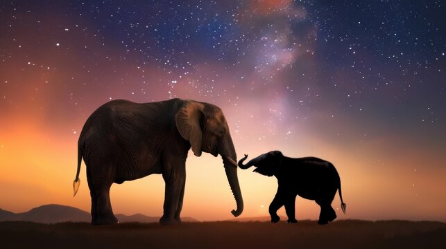 Majestic Elephants Silhouetted Against Starry Sky at Dusk with a Stunning Cosmic Backdrop