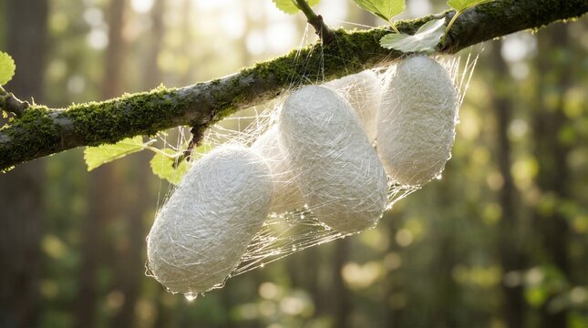 Sunlit white silk cocoons of silkworms gracefully hanging from a moss-covered branch in a vibrant, natural forest setting, symbolizing transformation and new life