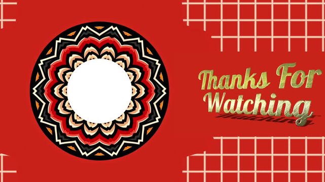 Vibrant red channel outro template featuring colorful mandala circle and gold thanks for watching text over white grid line background pattern