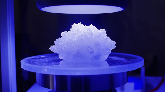 3d printed resin object appearing as a crystalline structure, illuminated and curing under an intense blue uv light on a transparent platform, illustrating advanced manufacturing technology