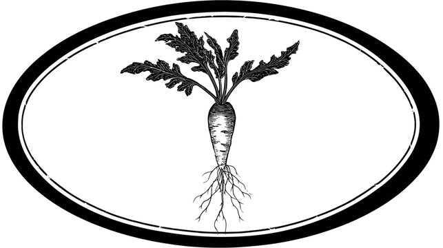 A black and white illustration of a vegetable, presented within a dark elliptical frame