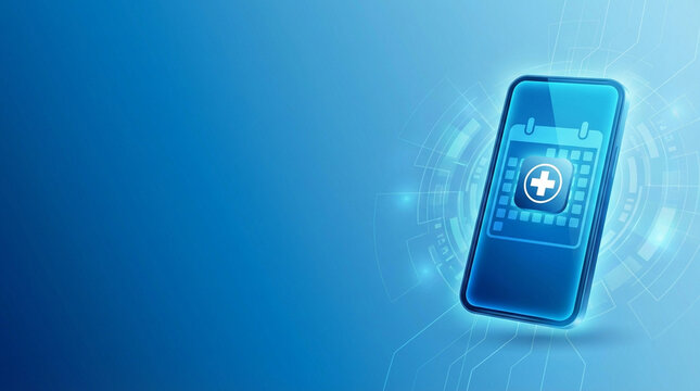 Appointment booking banner with blue gradient background, smartphone calendar app icon, medical appointment scheduling concept, online booking interface