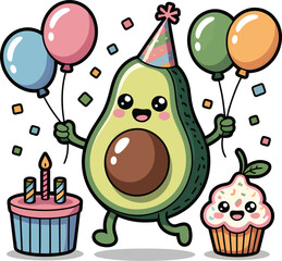 Fototapeta premium Celebratory avocado character with balloons and cupcakes, avocado, character, birthday, balloons, party, celebration, cute, cartoon, partyhat, festive, cupcake, food, illustration, happy, birthdaycake