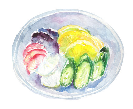 水彩タッチの漬物盛り合わせ・きゅうり沢庵茄子赤かぶのお皿
