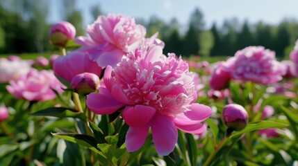 Fototapeta premium Close-Up View of Vibrant Pink Peony Blossoms Flourishing in a Sunny Garden Setting