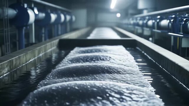 Industrial water filtration system in a treatment plant purifying wastewater, creating ripples and bubbles as clean water flows through pipes and filtration units for reuse