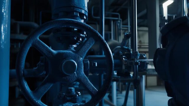 Prominent valve handwheel and network of metal pipes and fittings in a gritty industrial plant, conveying control, fluid transport, process engineering, and power infrastructure