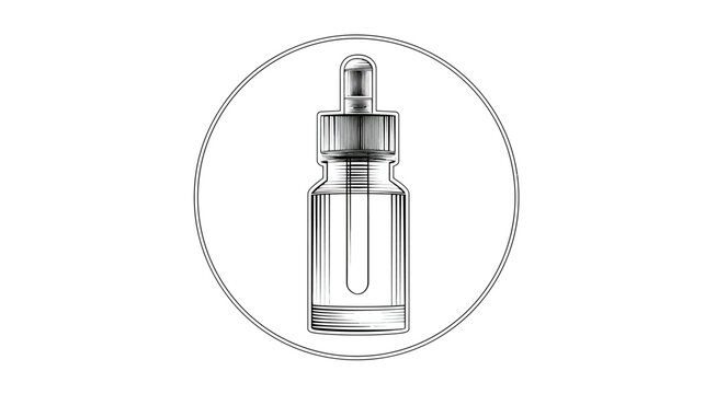 A detailed monochrome illustration of an essential oil dropper bottle inside a circle