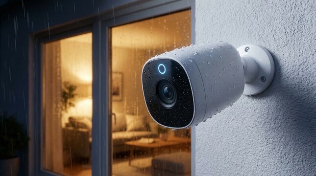 Outdoor Smart Security Camera with Raindrops on Wall at Night