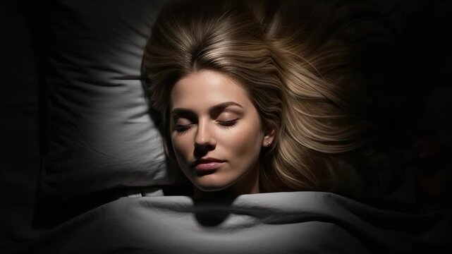 Peaceful young blonde woman resting in bed for deep REM sleep and healthy circadian rhythm