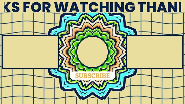 Dynamic channel video end screen template with distorted wavy grid background colorful mandala and thanks for watching header for creative video creators