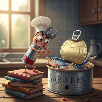Surreal Cartoon Character Chef Opening a Giant Can of Sardines with Kitchen Background Illustration