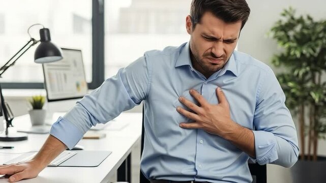 Caucasian man in his 30s suffering from acute chest pain and heart attack symptoms while working at office desk