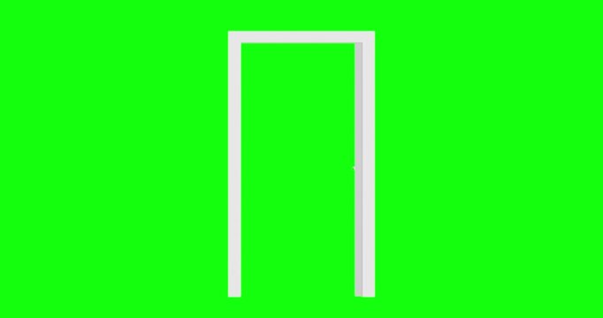 Open door animation for composite. White panel door and frame open inward on a green screen. A practical visual effect for video projects, motion graphics, and films. Centered.