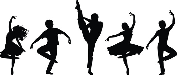 Silhouettes of five ballet dancers in graceful poses, diverse positions on a transparent background. © MdAzmol