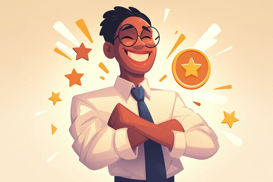 Smiling portrait shows folded arms beside floating medal and bright stars. Positive award artwork works for achievement stories, employee praise and support visuals.