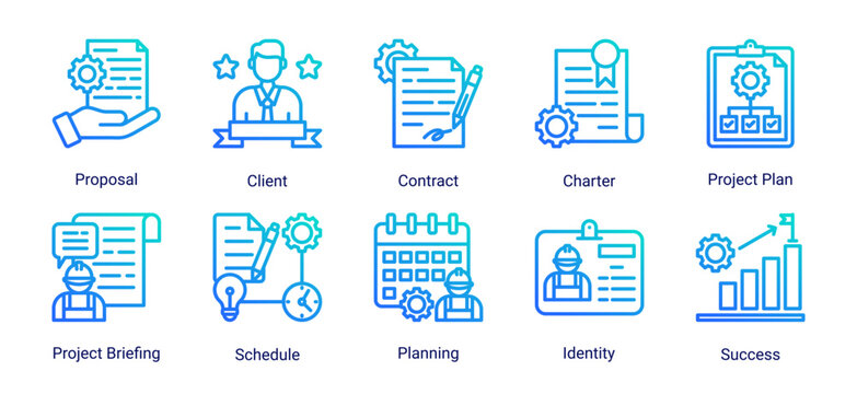 Construction project planning icon set featuring proposal,contract,scheduling,and business strategy.Ideal for planning,management,and workflow concepts.