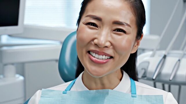 A smiling person in a dental chair with a bright white smile and a light blue bib