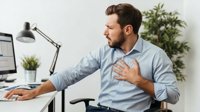 Young Caucasian Businessman Suffering Heart Attack While Working at Office Desk