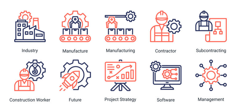 Construction industrial and execution icon set featuring manufacturing,contractor,workforce,and development strategy.Ideal for industrial and project execution concepts.