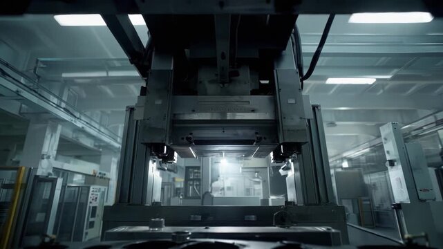 Automated hydraulic press machine stamping metal parts on a production line, highlighting precision engineering and efficient manufacturing processes in a large industrial facility
