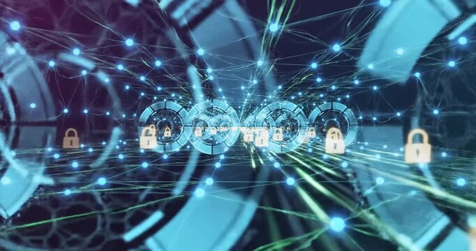 Abstract digital network with glowing locks and interconnected lines representing cybersecurity