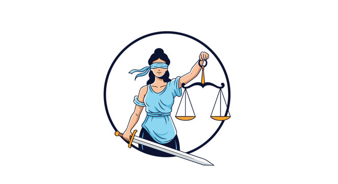 Lady Justice blindfolded and holding scales and a sword inside a circular frame representing law, fairness, and legal system.
