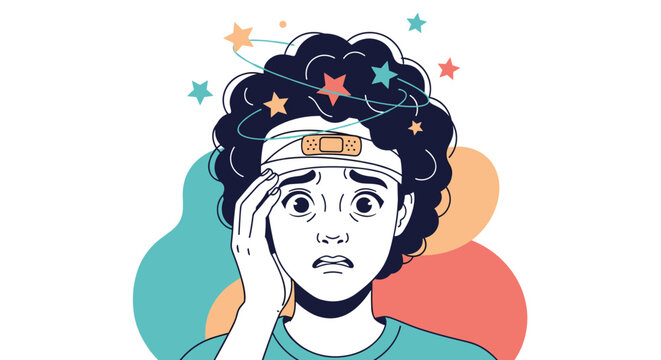 Young boy looking dizzy and disoriented with colorful stars spinning around his bandaged head after an accidental head injury.