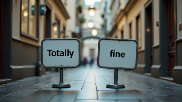 Street signs stating totally fine representing normalization of issues denial of problems and passive perception within political systems