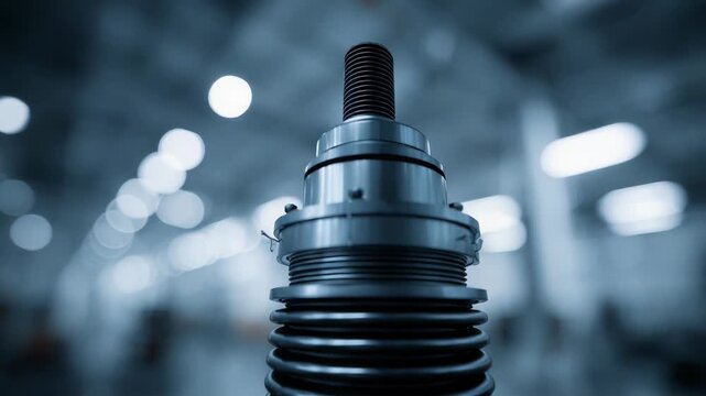 Industrial precision machine part with threaded bellows profile, detailed steel surface and reflections against a soft blue factory interior with blurred bokeh lights, high tech feel