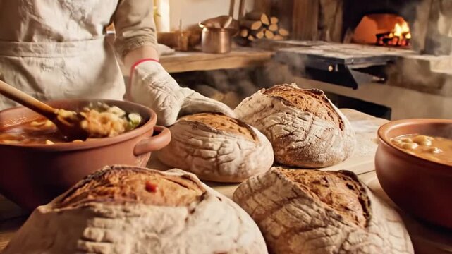 A baker in a rustic kitchen preparing bread with clay pots and a stone oven
