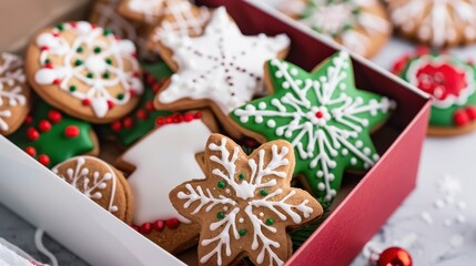 Fototapeta premium Festive Holiday Cookies in a Red Box with Snowflakes and Christmas Themes for Celebrations and Gatherings