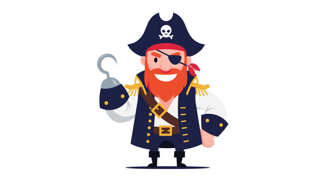Friendly pirate character with a red beard, an eyepatch, and a hook hand wearing a classic captain's hat and coat.