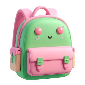 A cute green and pink cartoon backpack with a smiling face
