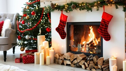 Fototapeta premium Cozy Christmas Scene with Fireplace, Stockings, Pine Tree, Decorative Candles, and Holiday Ornamentation