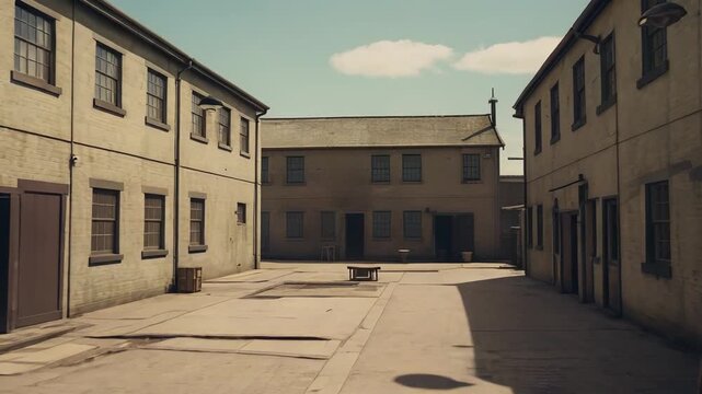 Desolate historical site portraying an old prison courtyard with multiple barrack like buildings and an oppressive atmosphere, symbolizing confinement and past human experiences under a muted sky