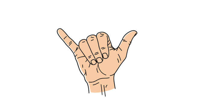 Line art illustration of a human hand making the shaka or hang loose gesture commonly used in surf culture and friendship.
