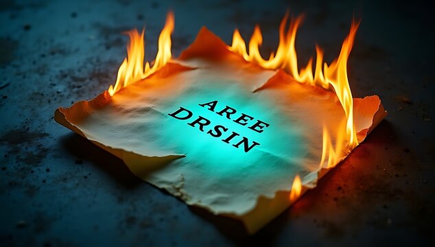 A sheet of paper burning from the edges revealing a hidden glowing message underneath, dark dramatic background, symbolic concept of truth, secrets, or transformation
