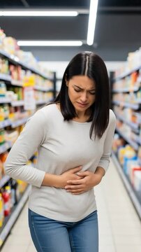 Young Hispanic woman suffering from acute abdominal cramps and IBS symptoms while grocery shopping