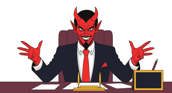 Red devil character wearing a formal business suit sitting behind an office desk with an evil grin and open hands in a workspace.