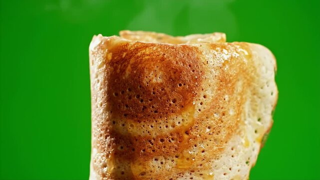 Close up of a golden brown plain dosa with visible steam rising against a vibrant green screen background perfect for culinary advertising and food content creation