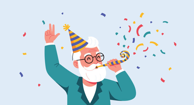 Cheerful senior man with a white beard wearing a striped party hat and blowing a colorful noisemaker amidst falling confetti.