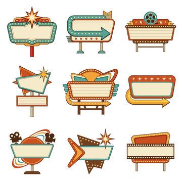 Retro illuminated vector signs for drive-in cinema, roadside; vintage marquees, arrows, stars, classic appeal.