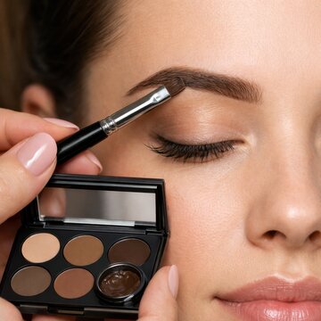 Professional eyebrow shaping with brush and palette creating natural beauty makeup look