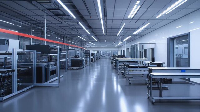Cleanroom facility featuring advanced workstations with multiple monitors and specialized equipment, reflecting innovation and precision in a high tech manufacturing environment