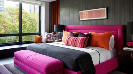 Fototapeta premium Modern and Stylish Bedroom Interior with Colorful Accents and Large Windows Overlooking Nature