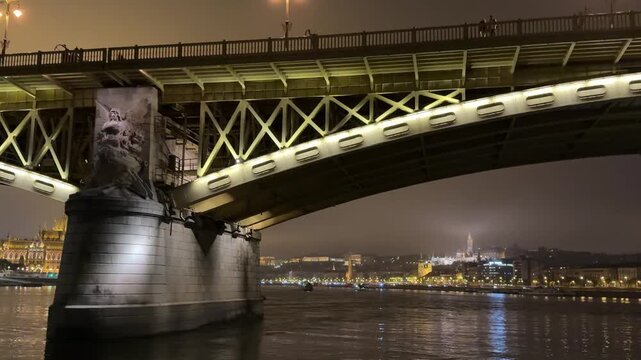 Budapest Hungary Margaret bridge Margit hid over Danube river at night.