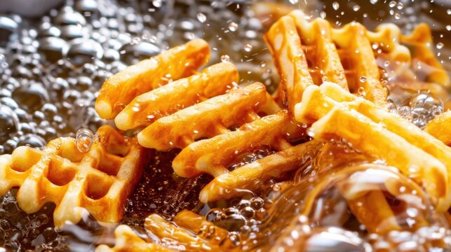 Crispy Waffles Cooking in Hot Oil with Bubbling Bubbles and a Delicious Golden Color