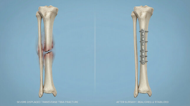 Severe Displaced Transverse Tibia Fracture and Surgical Fixation 3D Illustration