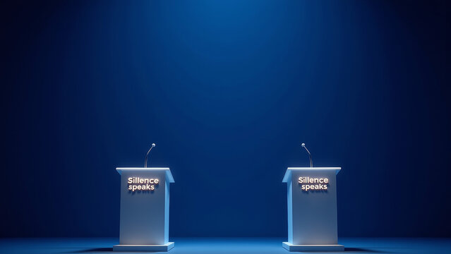 Dual podiums under blue lighting symbolizing balanced leadership staged debate and controlled political communication environment